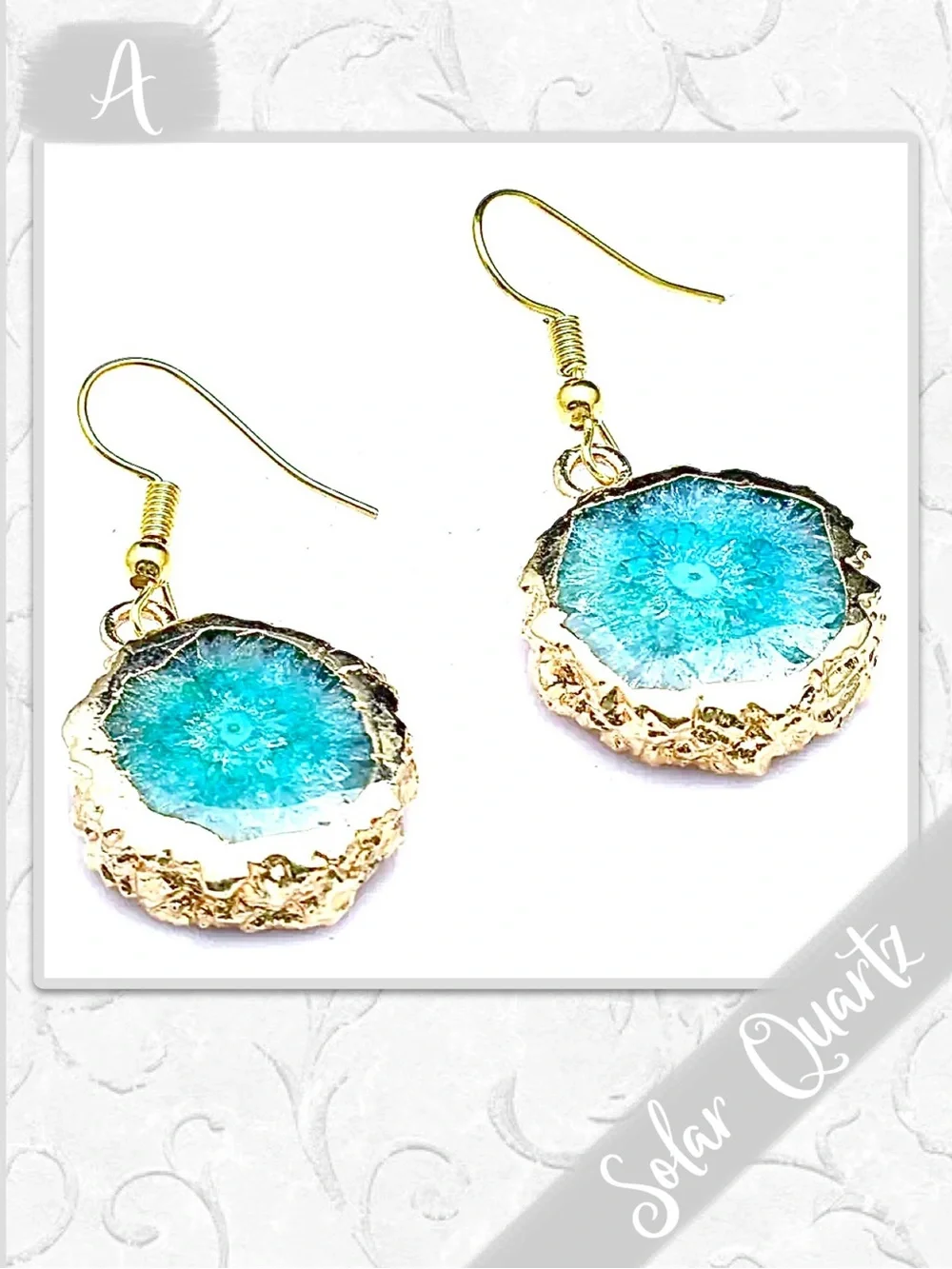 Solar Quartz Druzy Eclectic Gold Drop Dangle Artisan Earrings (Aqua, Turquoise)